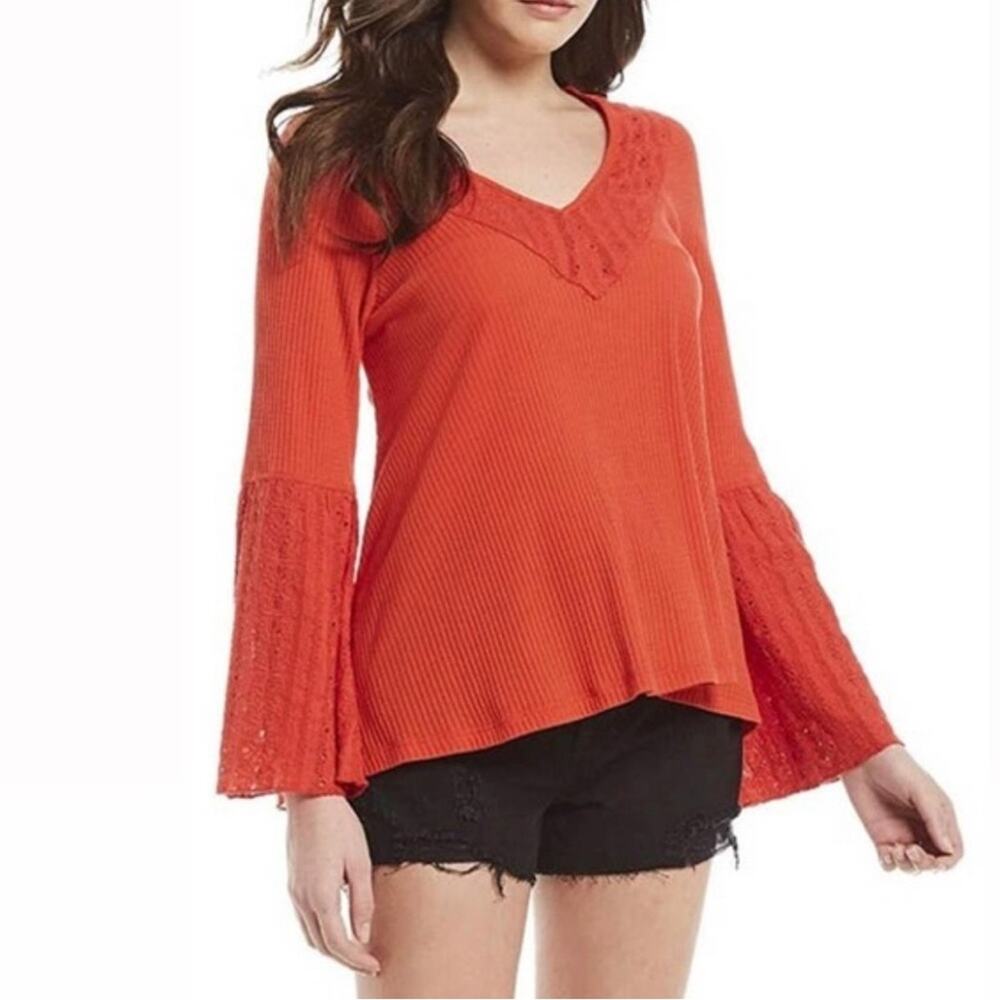 Free People Partisan Boho Red Ribbed Bell Sleeve Embroidered Blouse - XS